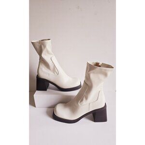 ASOS DESIGN Reverse Mid Heeled White Ivory Platform 80s 70s Sock Boots Shoes 8